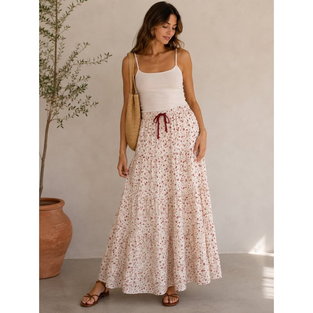 Polagram BaeVely Cream Red Floral Tiered Boho Maxi Skirt - Size L - Picture 2 of 9